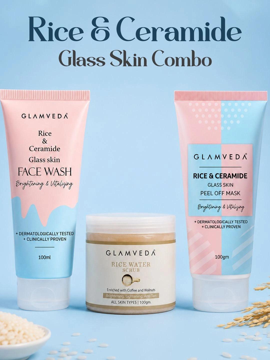 GLAMVEDA Korean Rice & Ceramide 3 Step Skincare Combo Face Wash, Scrub & Mask-100g Each