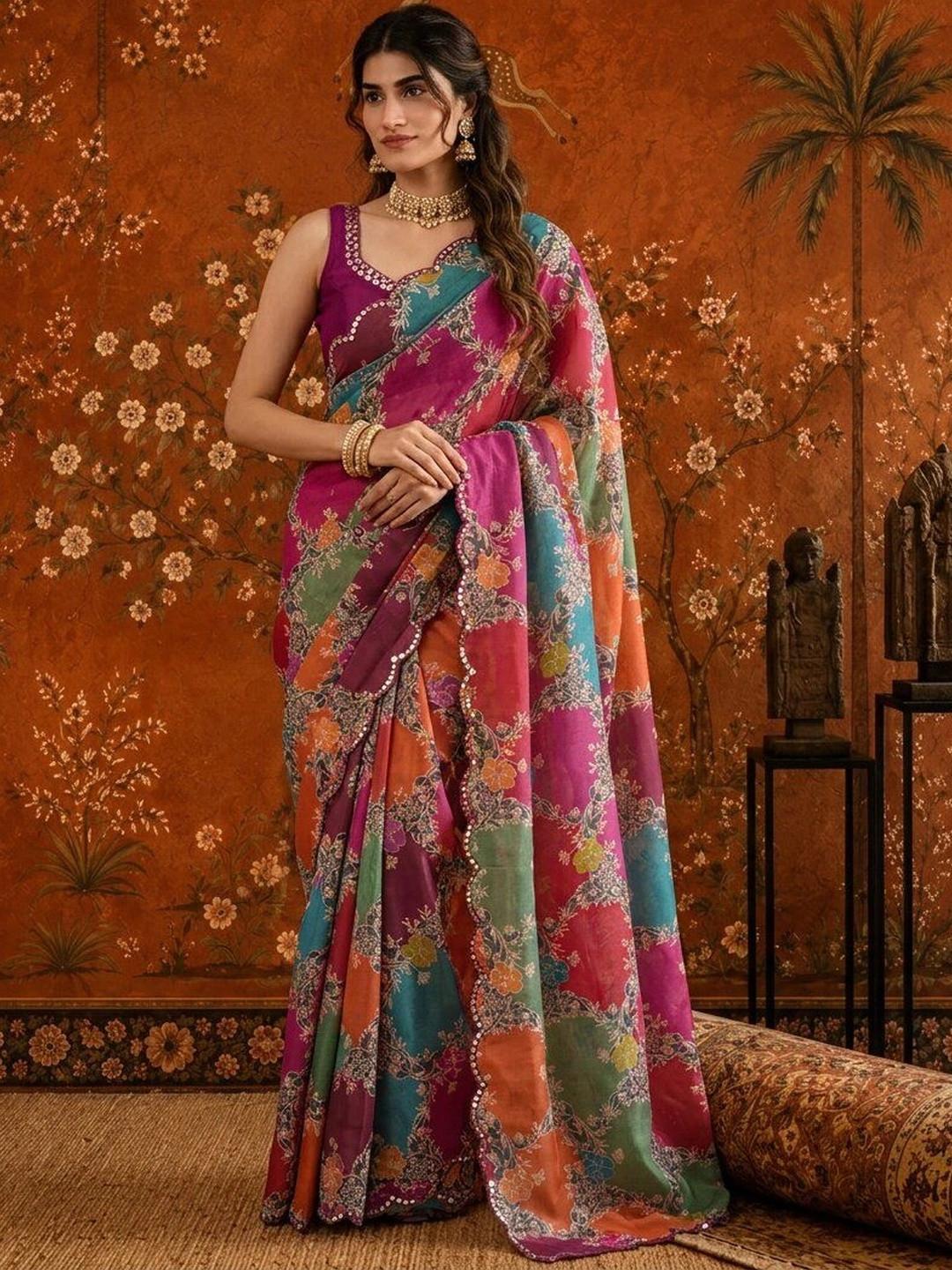 Sangria Floral Mirror Work Satin Saree
