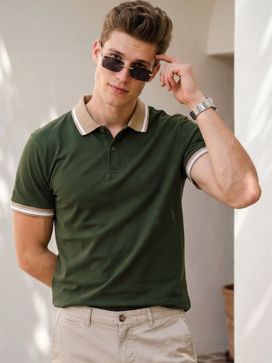 VEIRDO Men Olive Solid Regular Fit Pure Cotton Polo T-Shirt