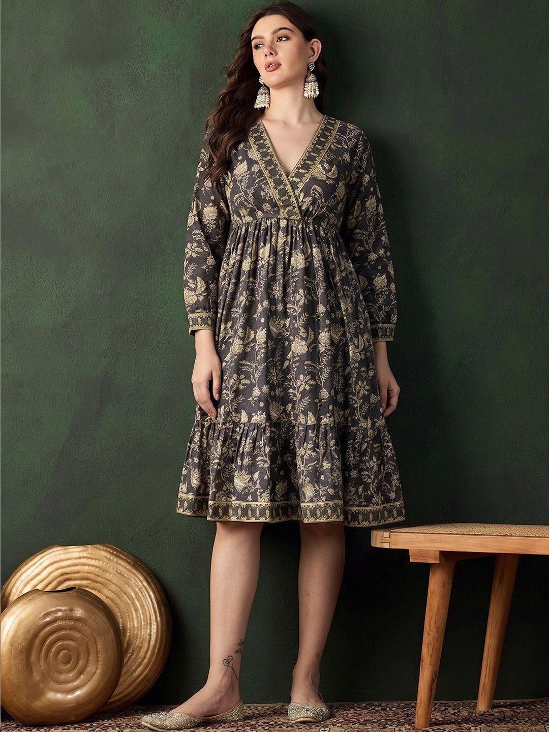 Sangria Printed Cotton V-Neck A-Line Dress