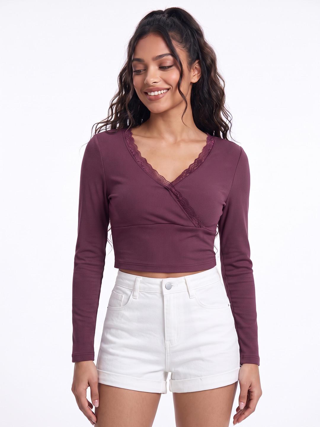 glitchez Lace Detail V-Neck Ribbed Fitted Top