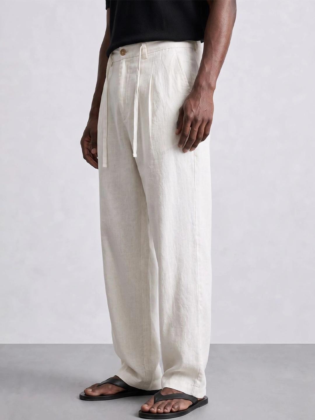 Powerlook Beige Natural Linen Solid Trousers