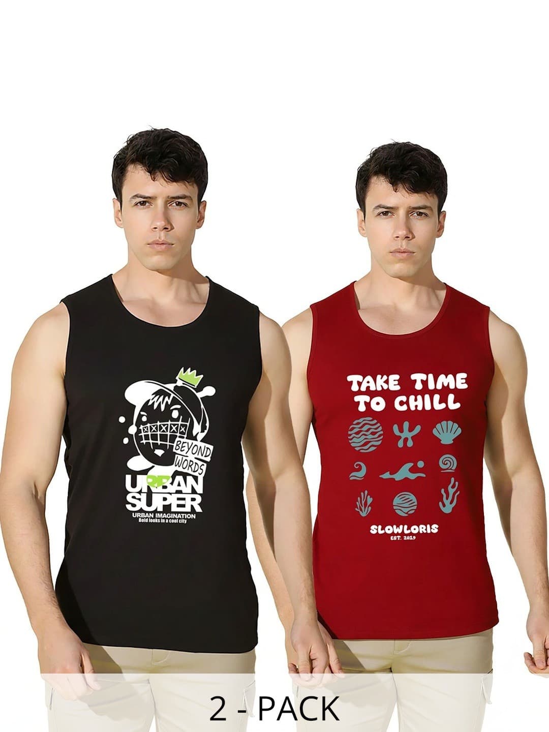 SLOWLORIS Pack of 2 Printed Cotton Gym Vest