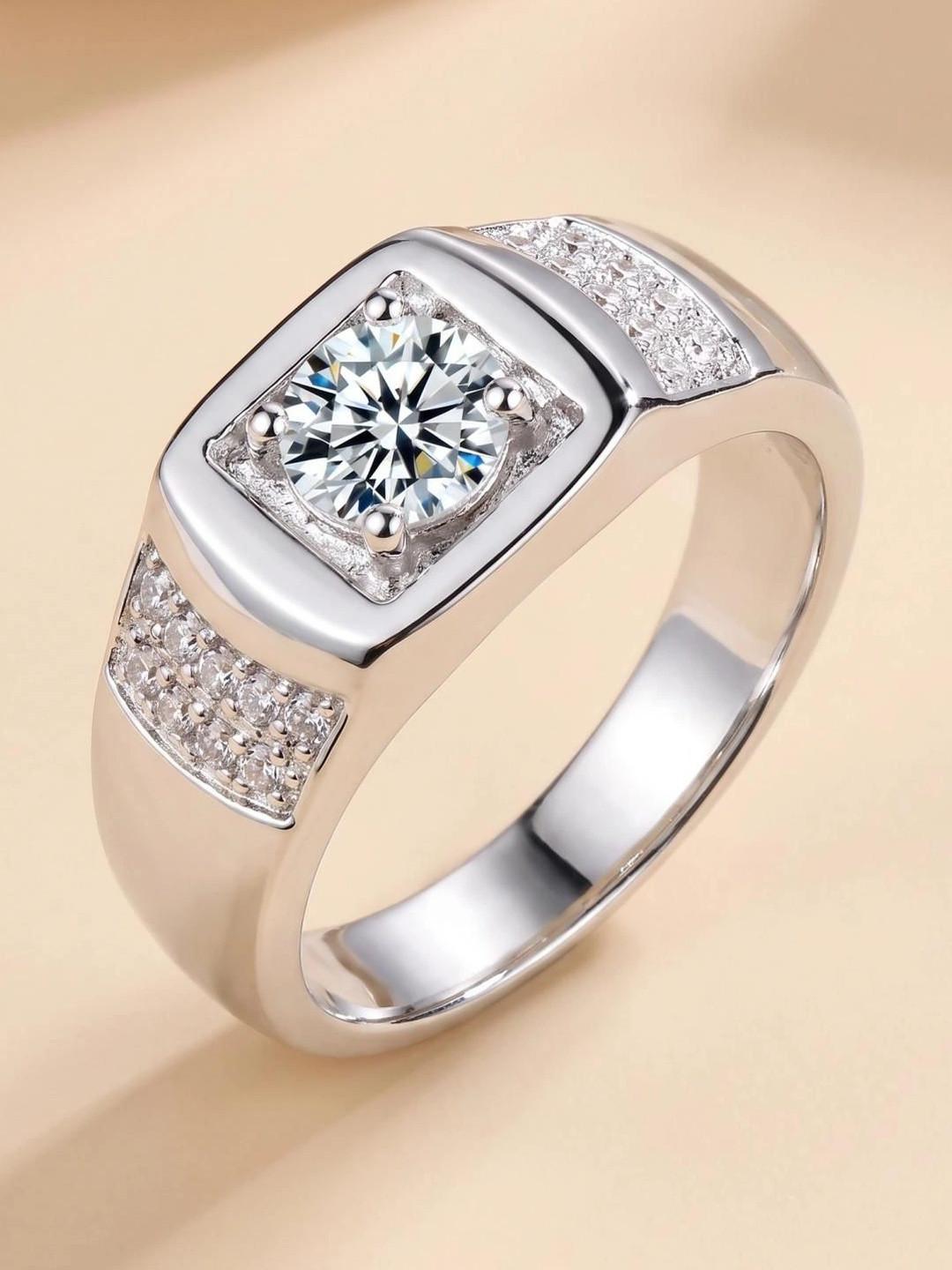 MYKI Silver-Plated CZ-Studded Stainless Steel Finger Ring