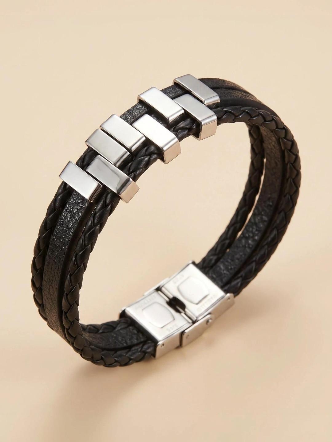 MYKI Men Stainless Steel Leather ZigZag Cuff Bracelet