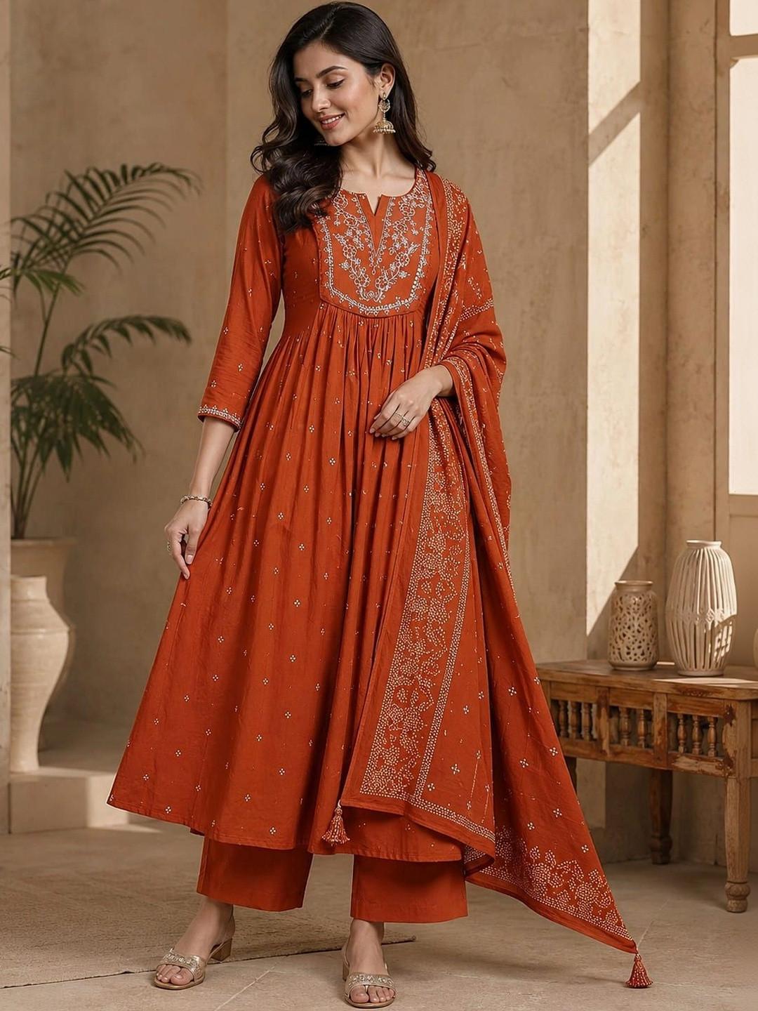 HISHAM Women Ethnic Motifs Embroidered Empire Thread Work Pure Cotton Kurta with Palazzos & With Dupatta
