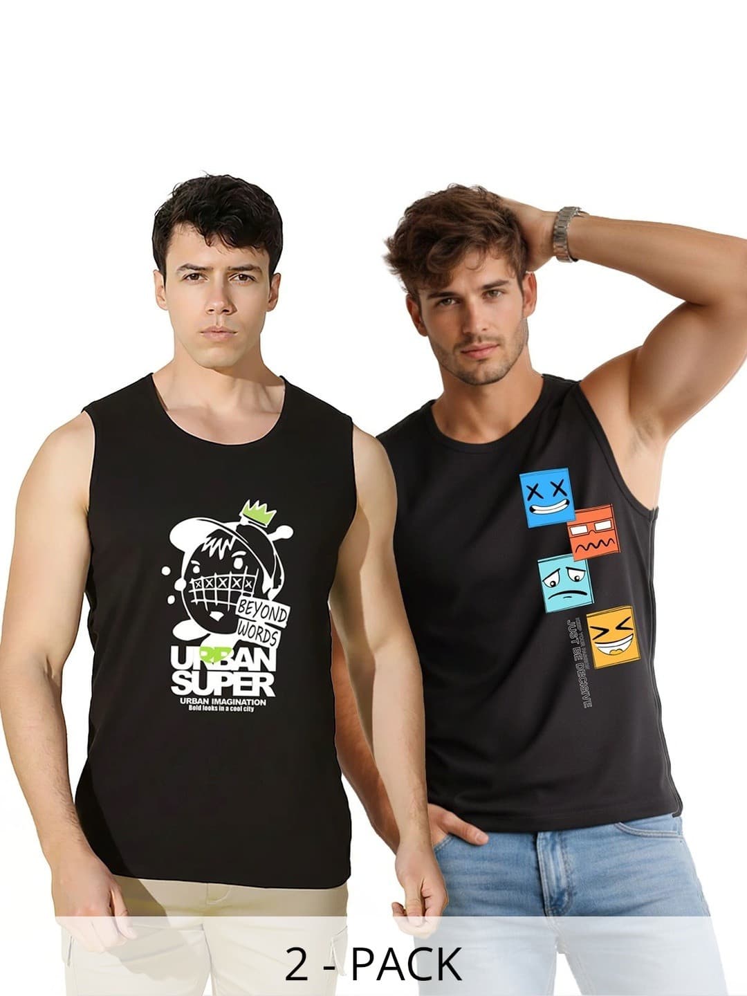 SLOWLORIS Pack of 2 Printed Cotton Gym Vests