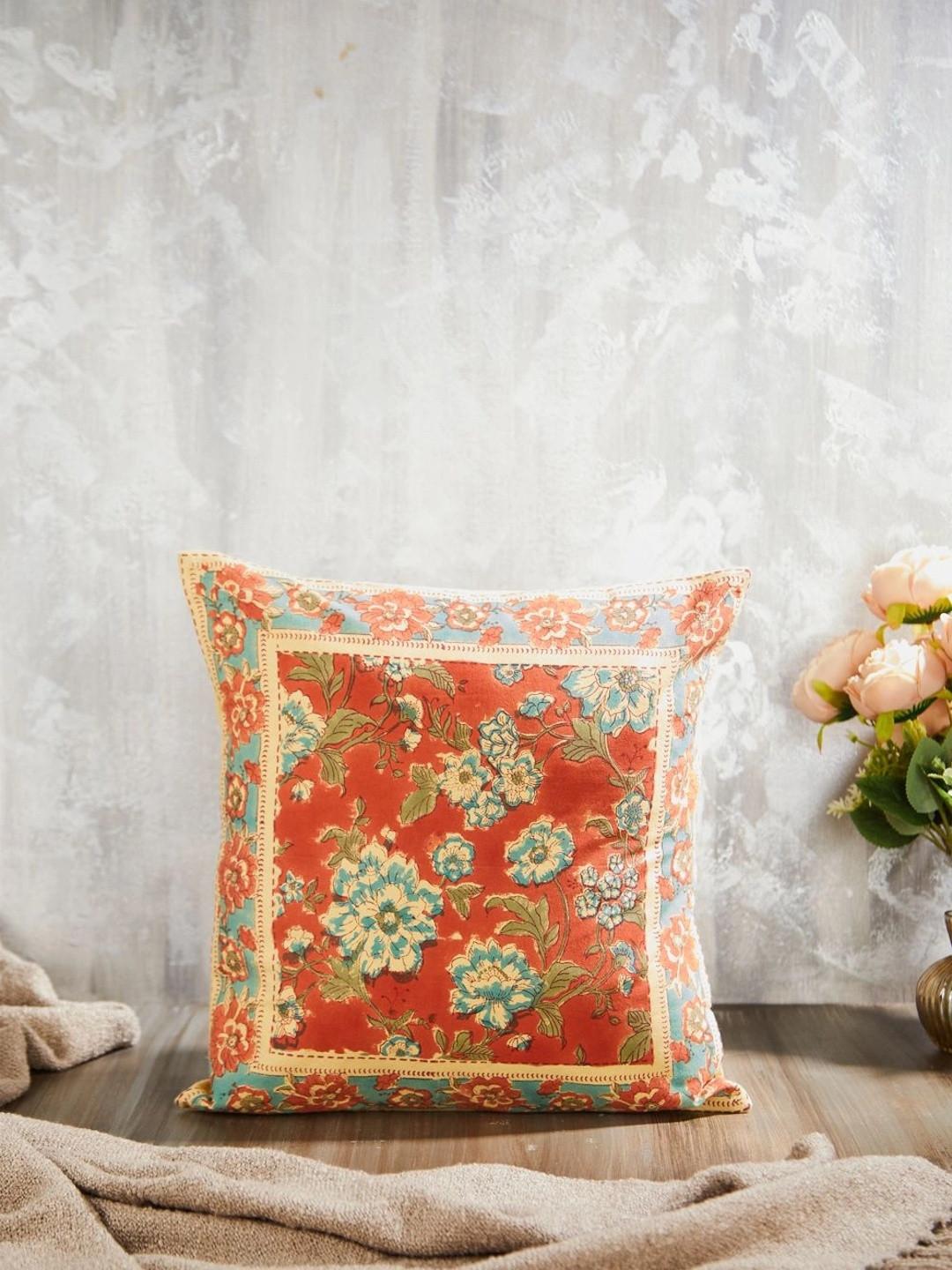 Fabindia Orange Floral Square Cushion Covers