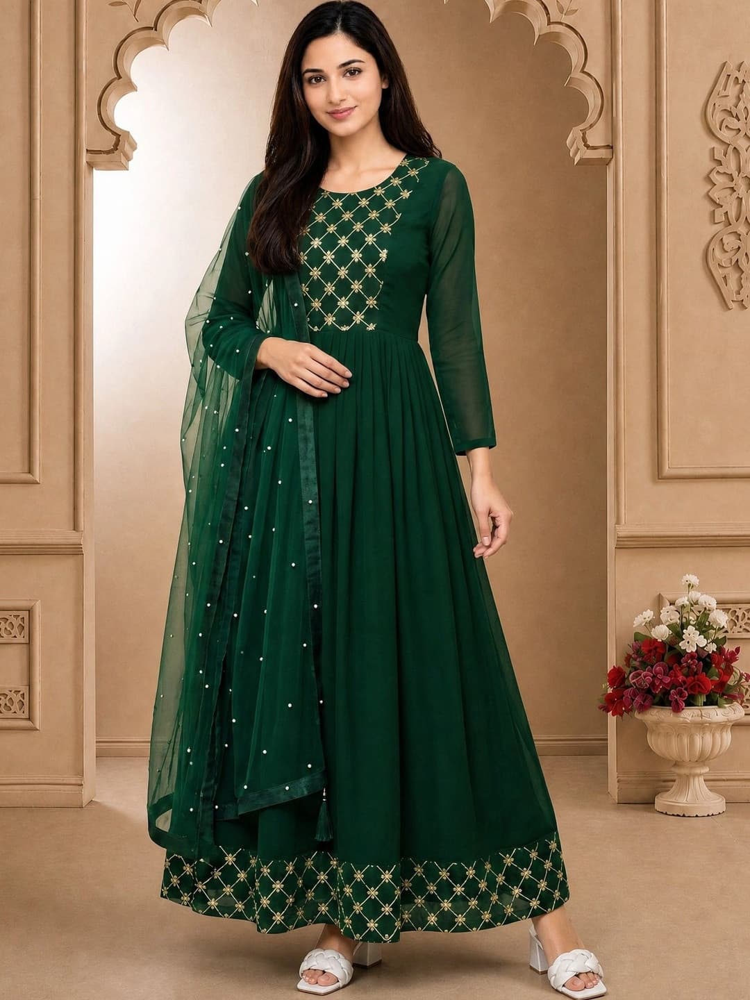 SZN Embroidered Round Neck Ethnic Dress with Dupatta