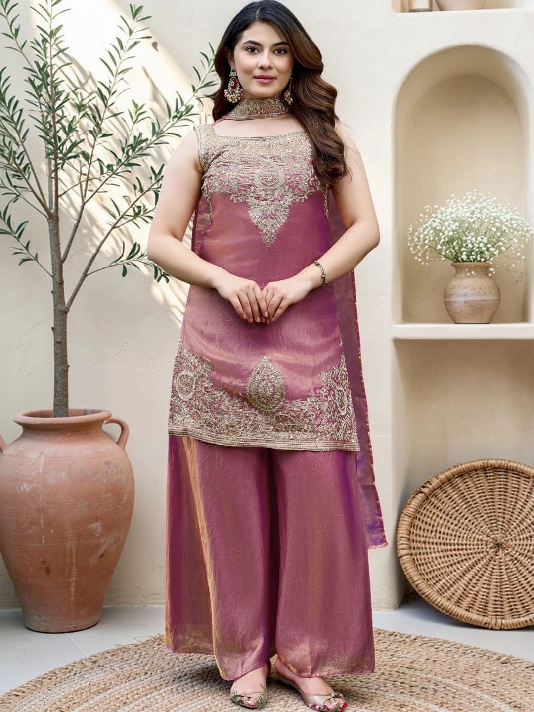 Sangria Women Ethnic Motifs Embroidered Regular Kurta with Palazzos & With Dupatta