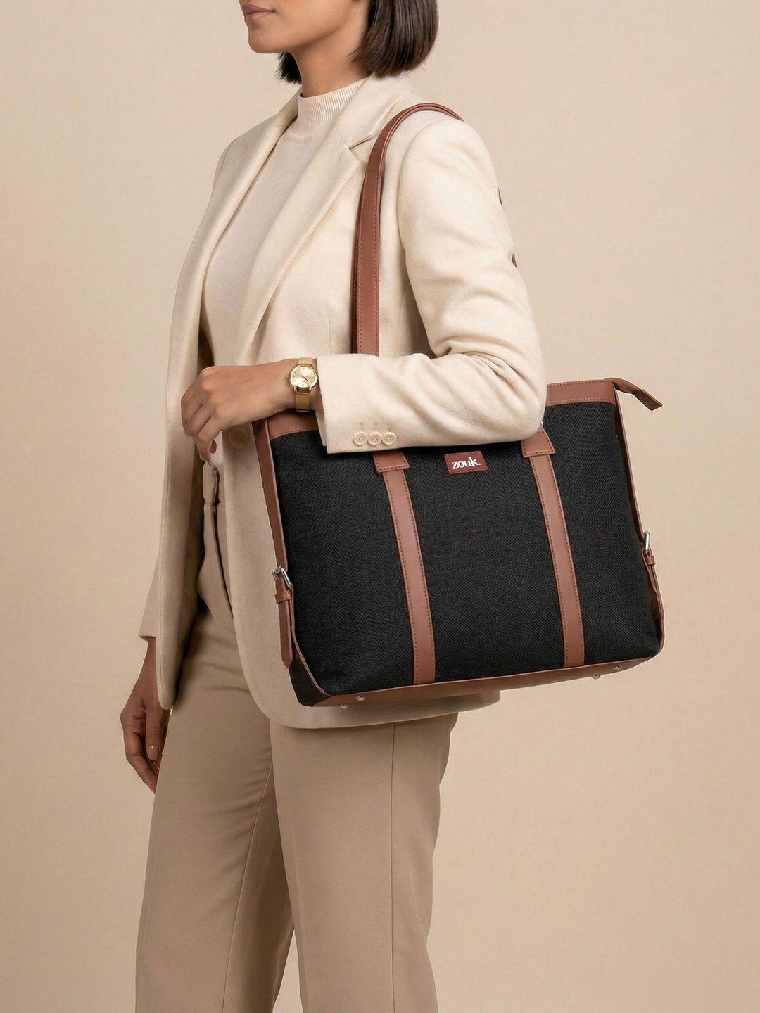 ZOUK Black Solid Vegan Leather Sustainable Laptop Tote Bag