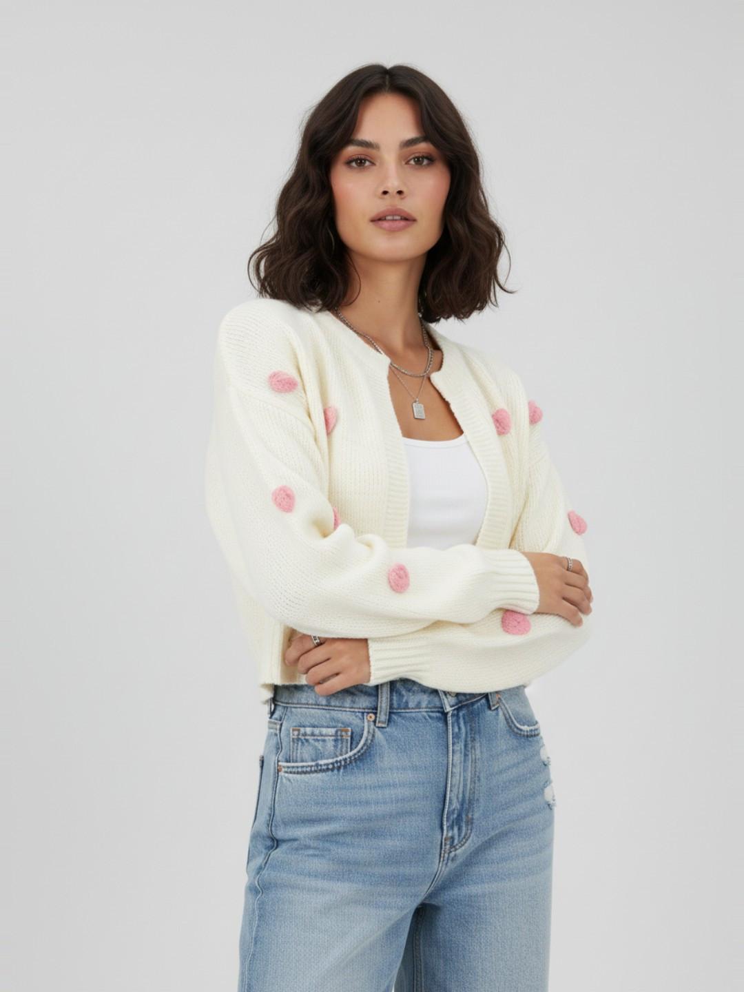 glitchez Conversational Applique Detail Crop Oversized Front-Open Sweaters