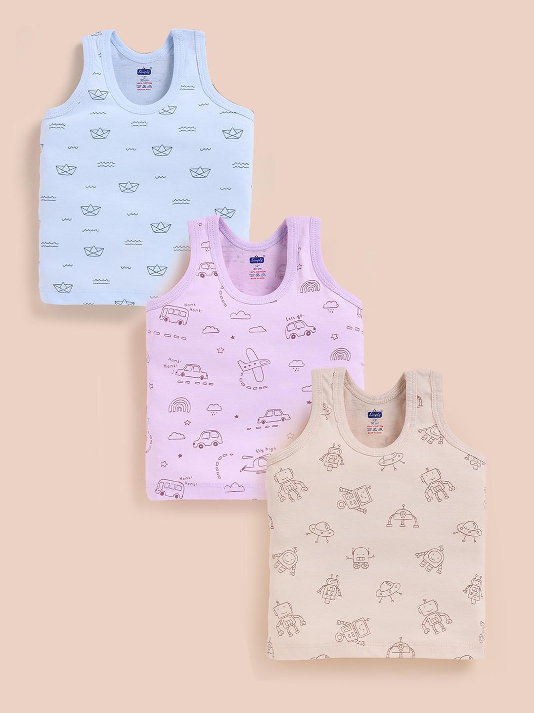 Simply Boys Pack of 3 Printed Pure Cotton Basic Vests