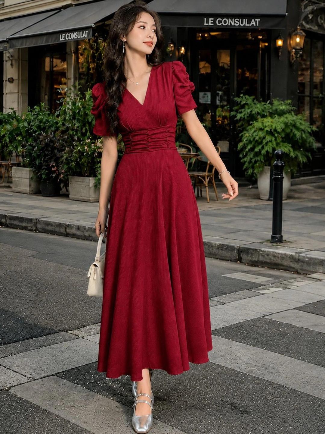 SZN Puff Sleeve A-Line Midi Dress
