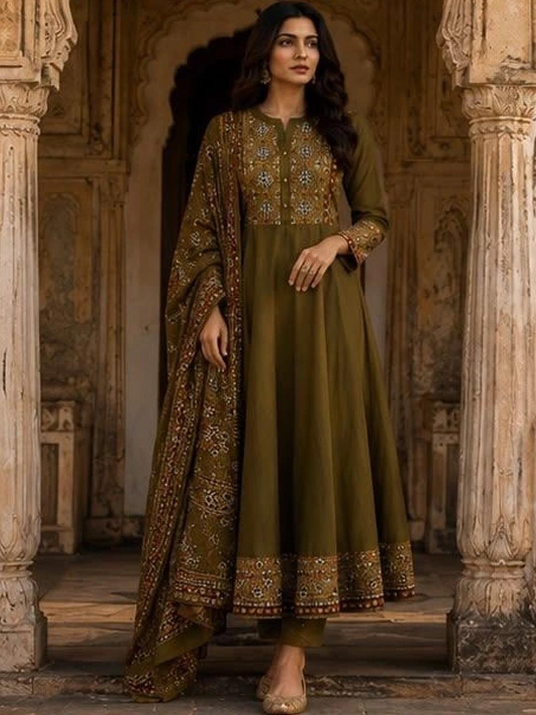 MILAAV Women Ethnic Motifs Embroidered Empire Pure Cotton Kurta with Trousers & With Dupatta