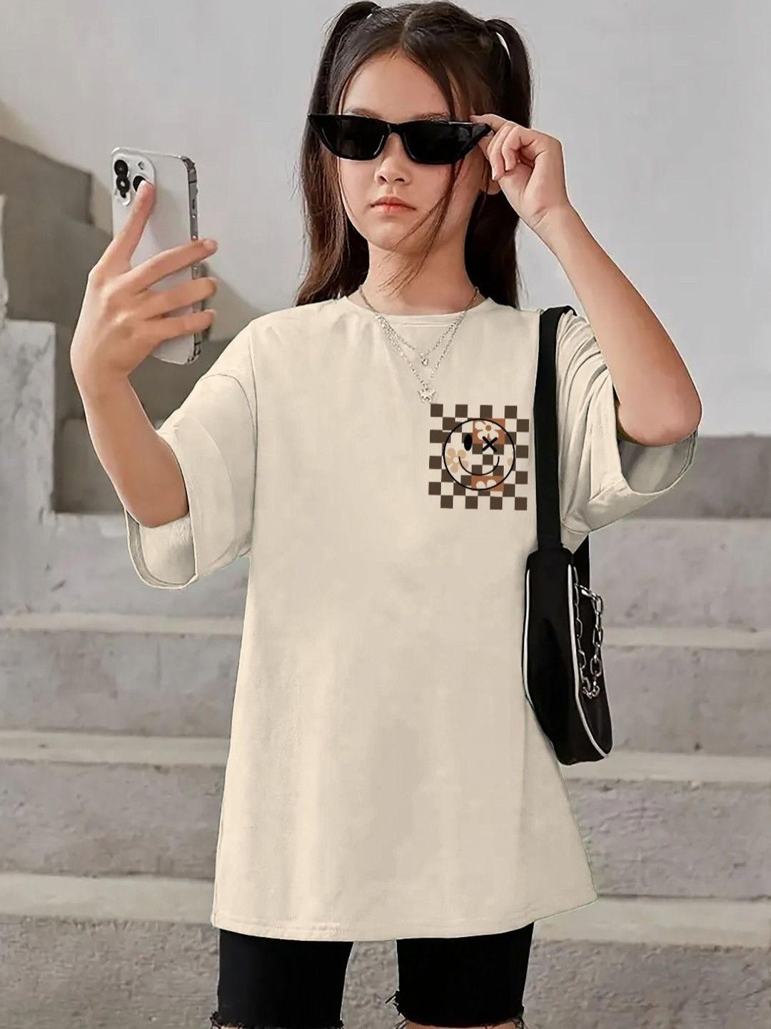 KEESOR Girls Printed Drop-Shoulder Sleeves T-shirt