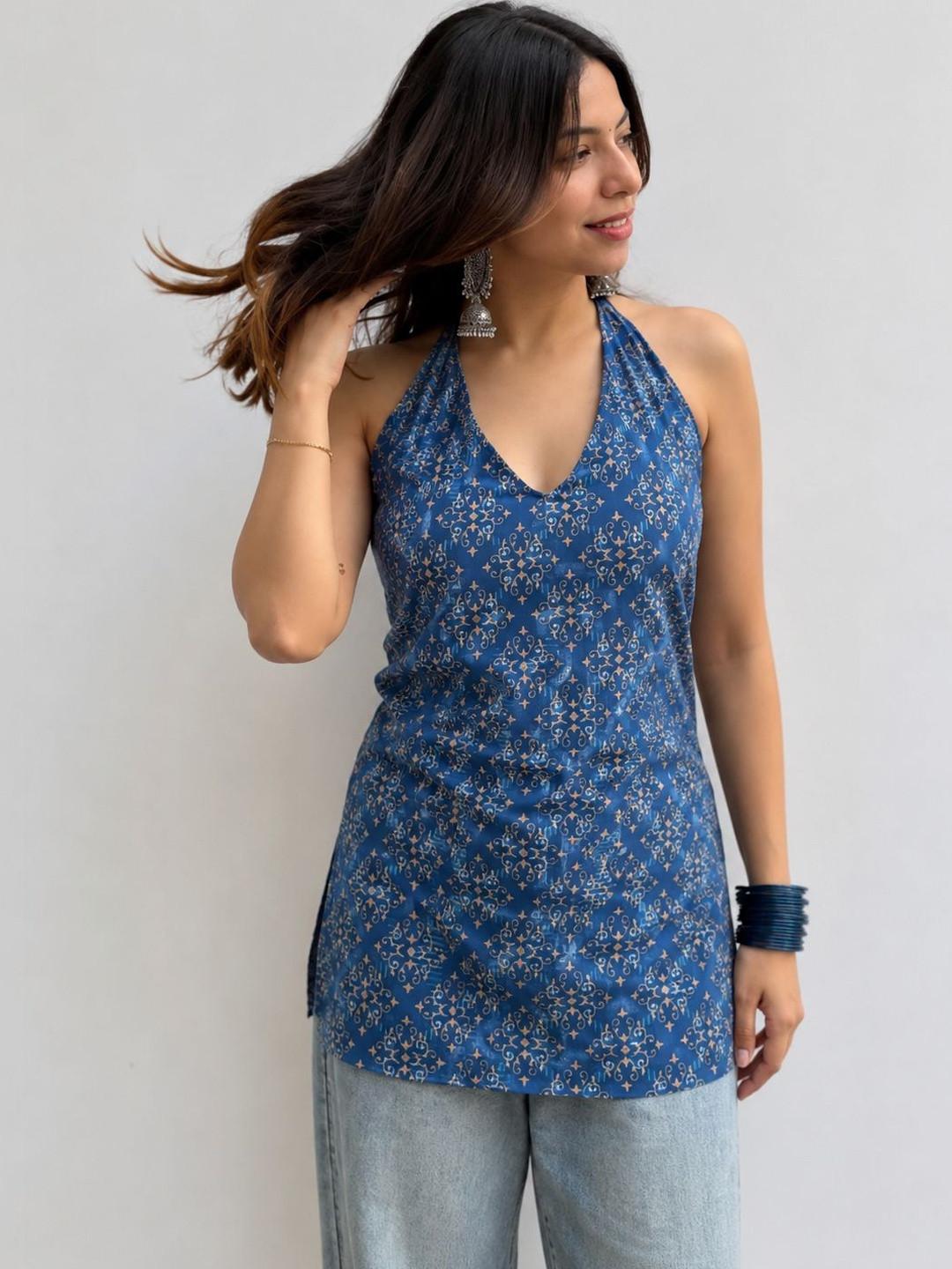 Sangria Women Ethnic Motifs Printed Halter Neck Indie Prints Kurta