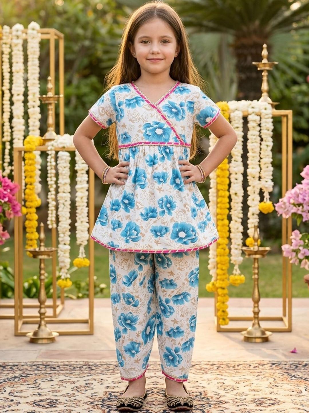Cutiekins Girls Floral Printed V-Neck Gotta Patti A-Line Kurta With Dhoti Pants