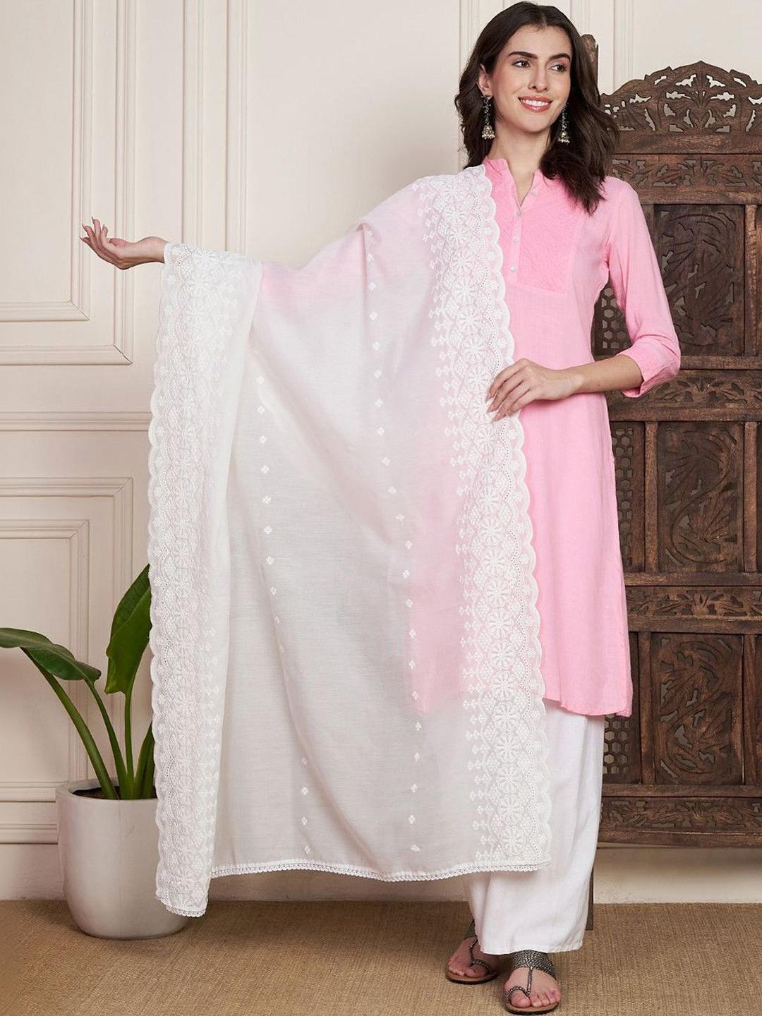 AKSHADEEP Floral Chikankari Embroidered Pure Cotton Dupatta