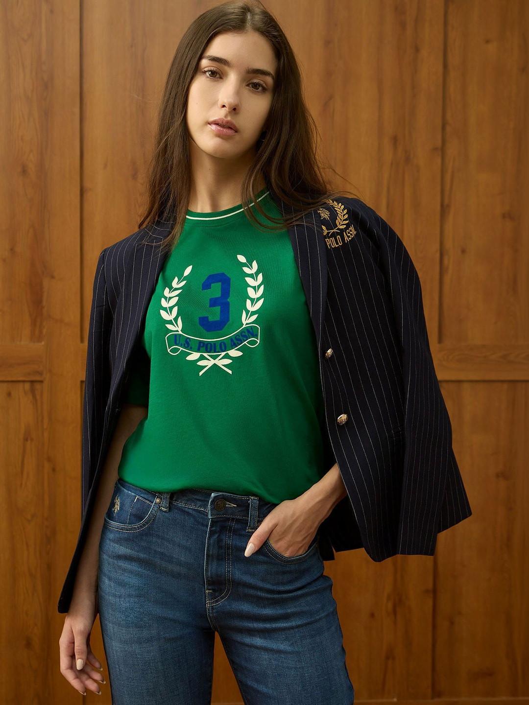 U.S. Polo Assn. Women Brand Logo Printed Pure Cotton Boxy Fit T-shirt