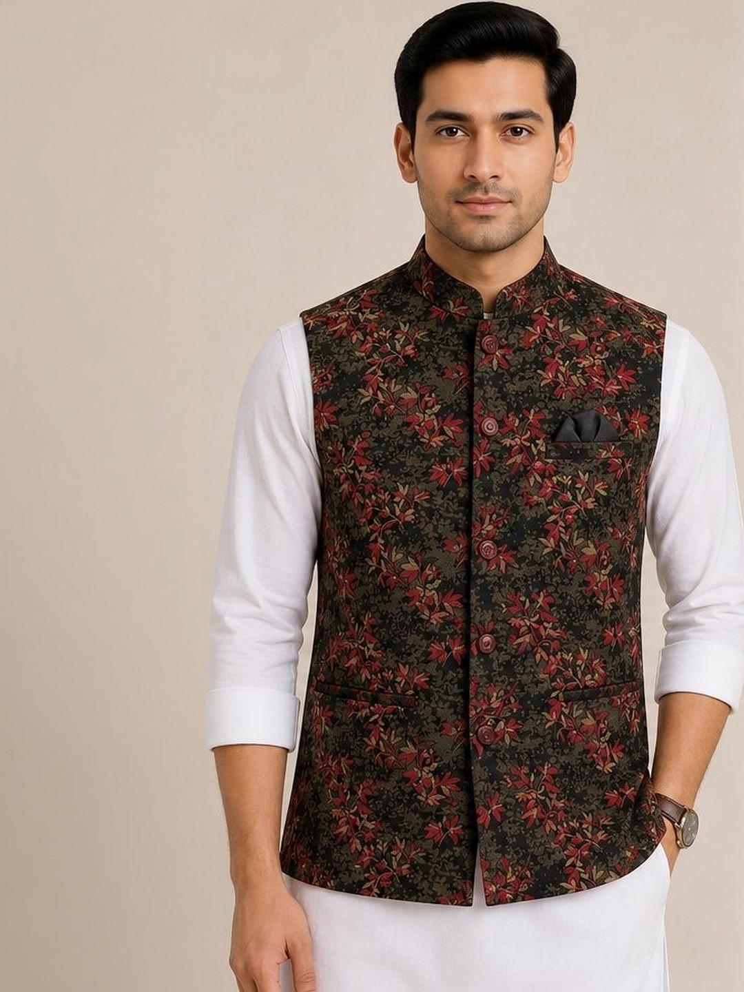 EPSI Printed Velvet Satin Nehru Jackets