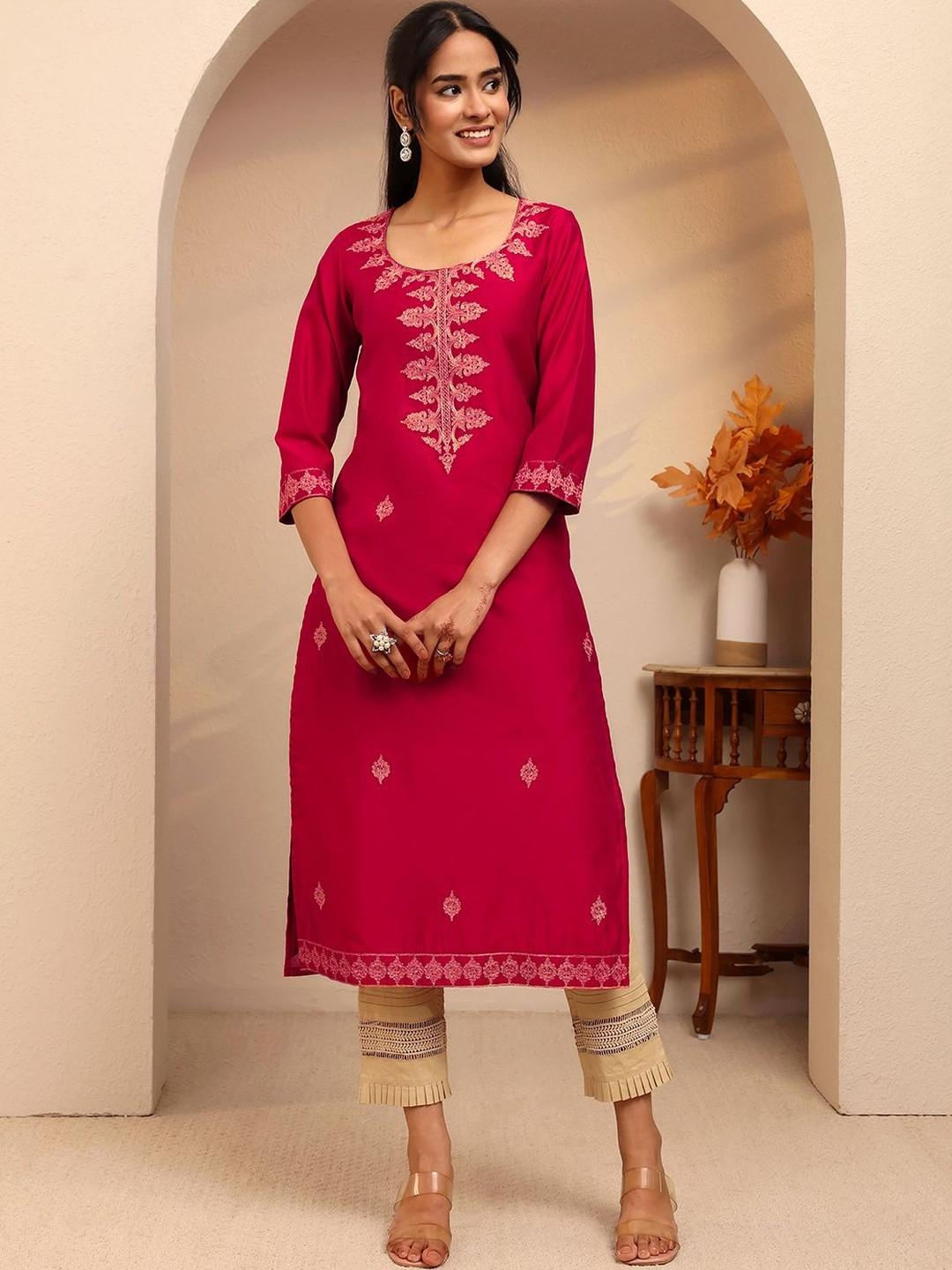 Libas Rani Pink Ethnic Embroidered Silk Blend Straight Kurta