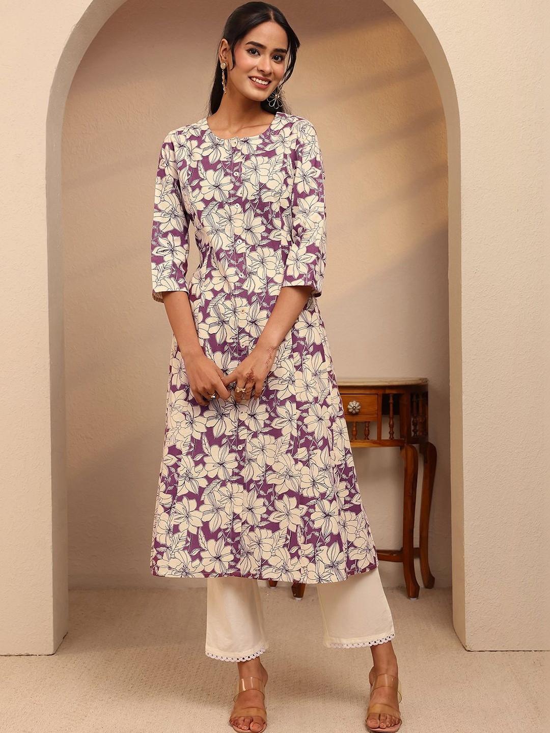 Libas Burgundy Floral Printed Cotton Blend A-Line Kurta