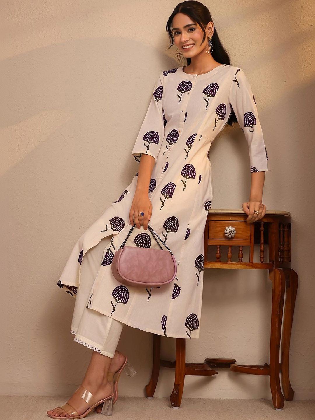 Libas Off White Floral Printed Cotton Blend A-Line Kurta