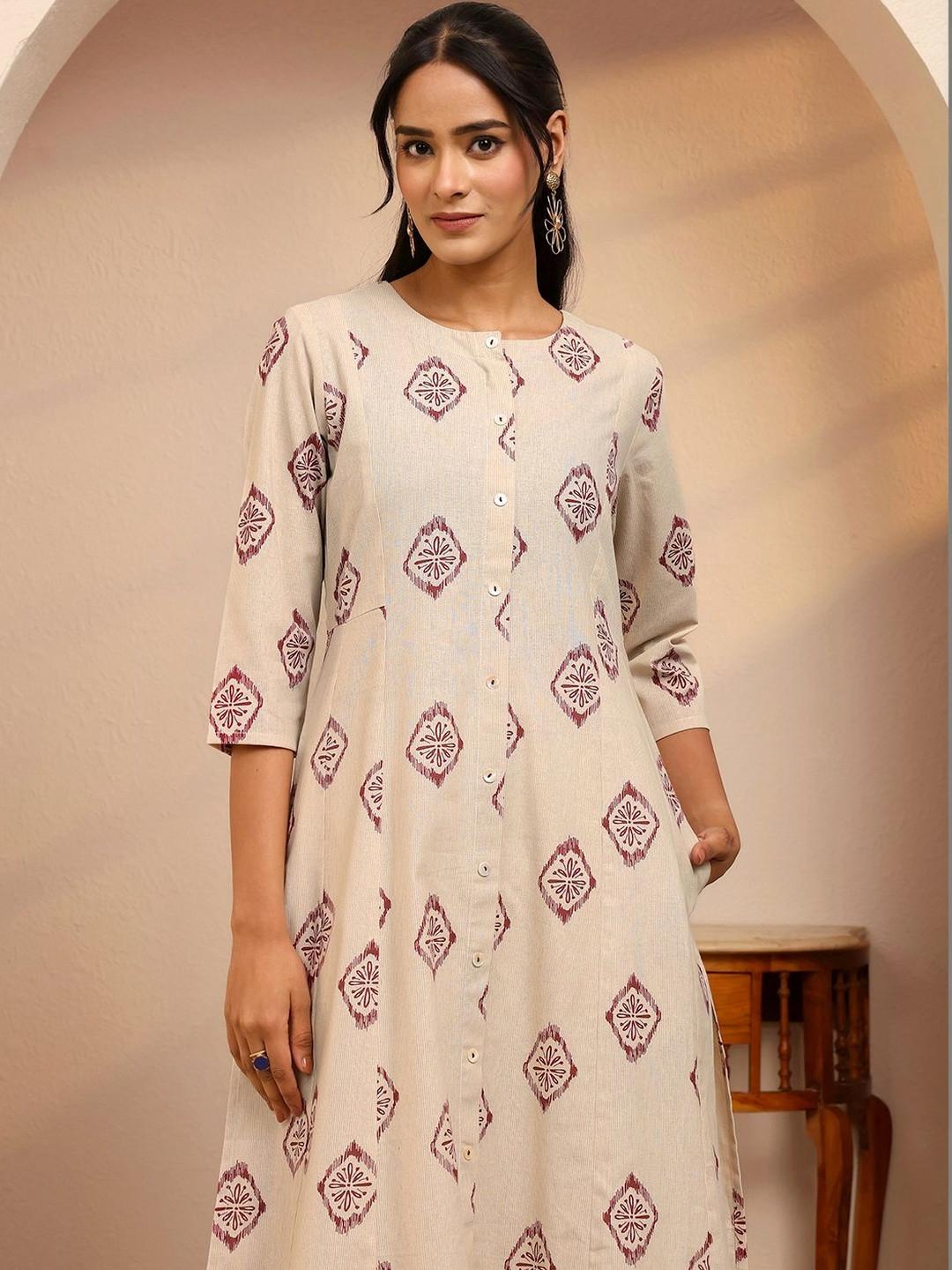 Libas Off White Ethnic Printed Cotton Blend A-Line Kurta