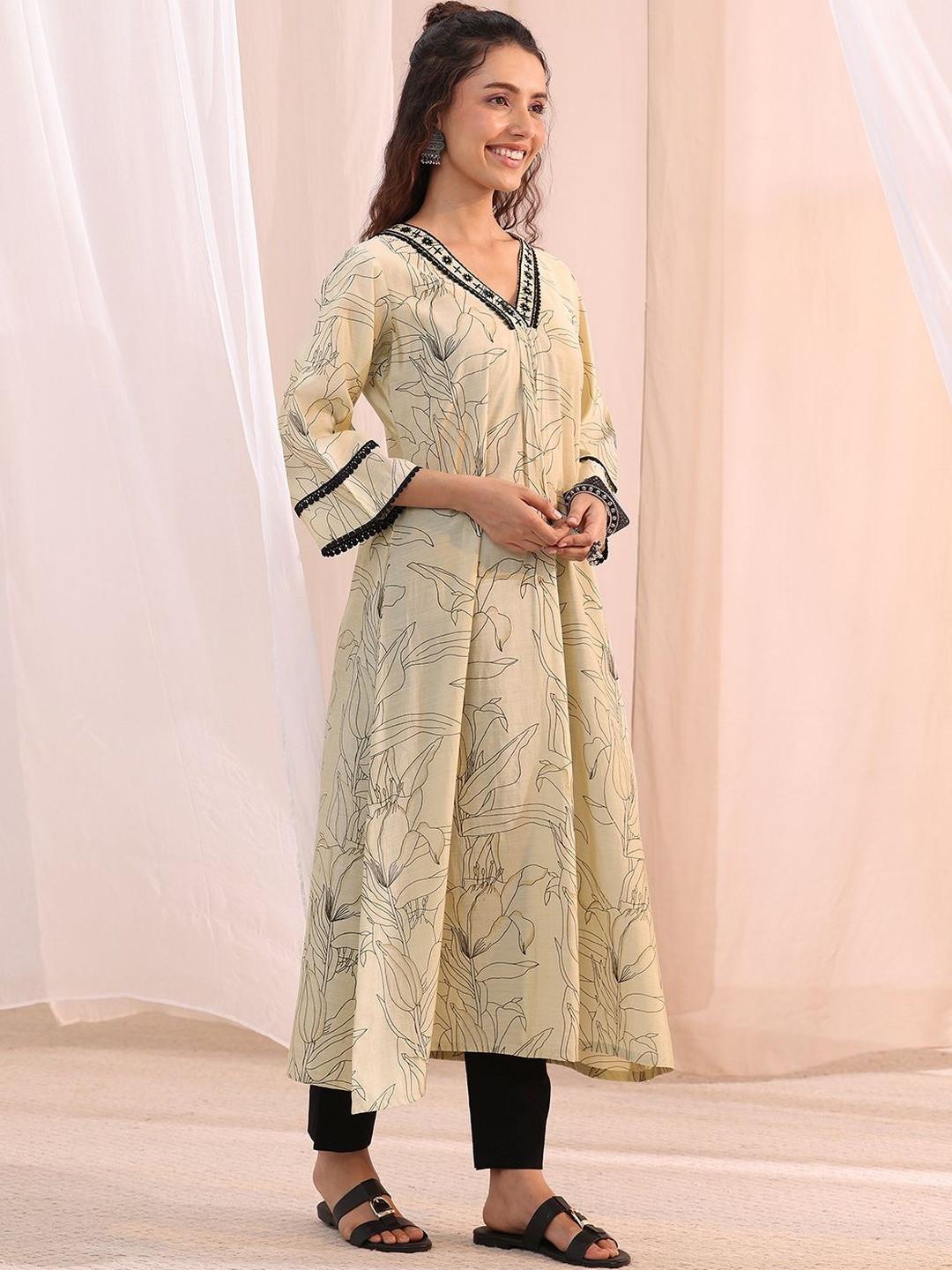 Libas Off White Floral Printed Silk Blend A-Line Kurta