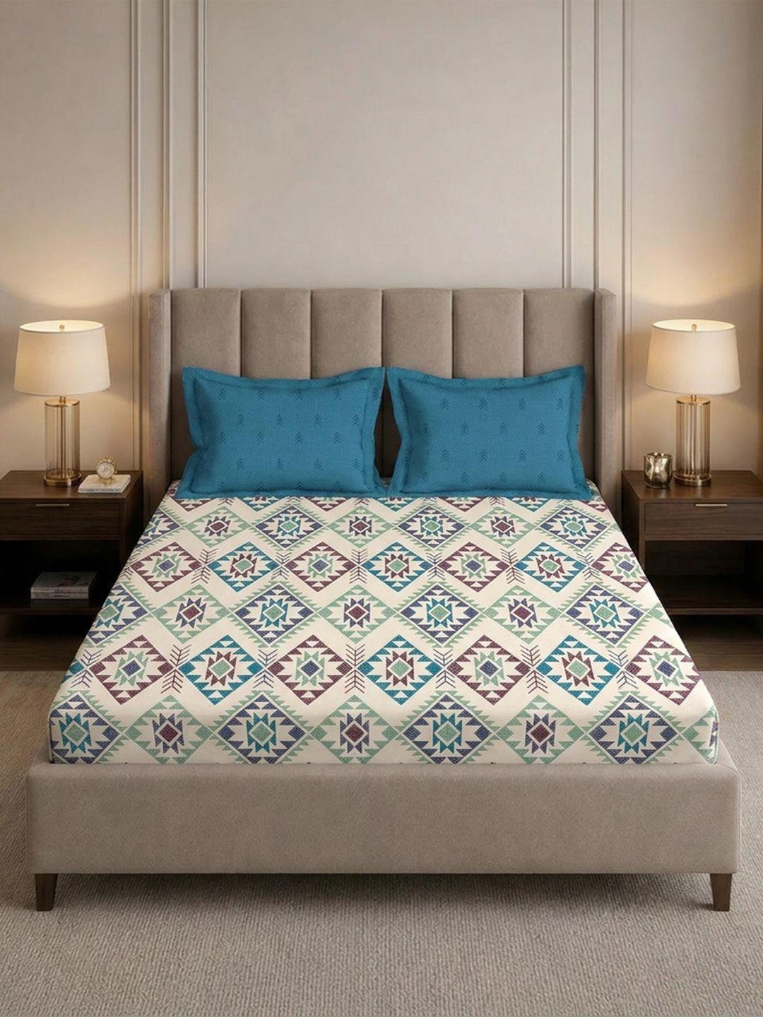 MYTRIDENT Blue & Teal Geometric 180 TC King Bedsheet with 2 Pillow Covers