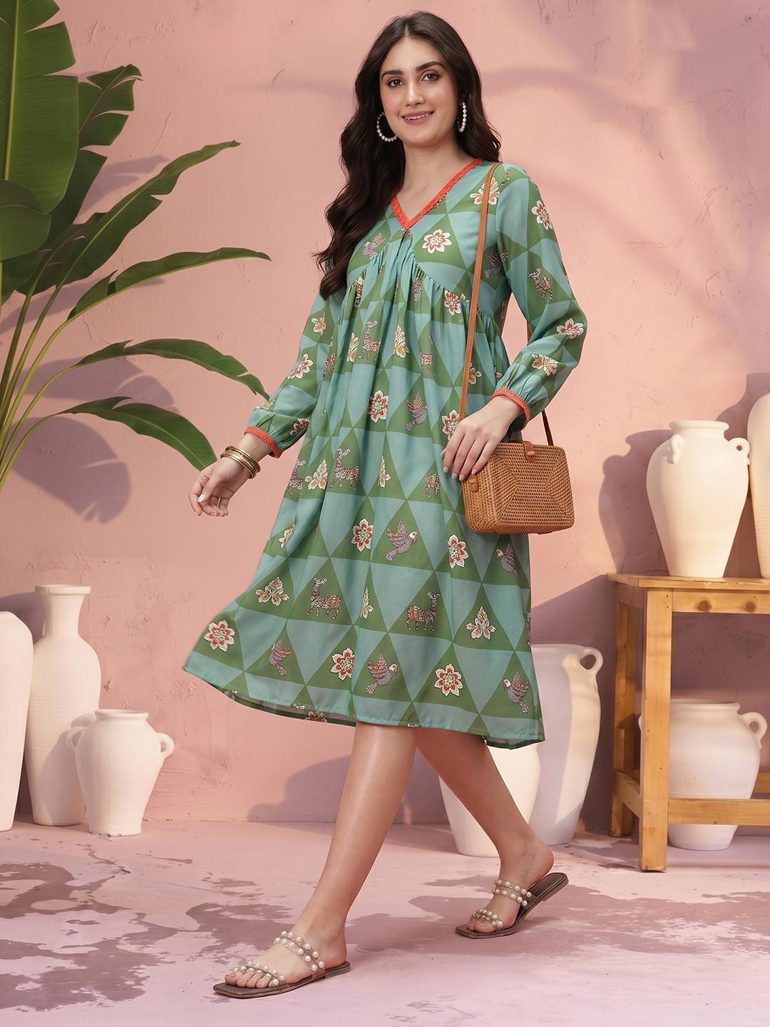 Sangria Floral Printed Ethnic Dress