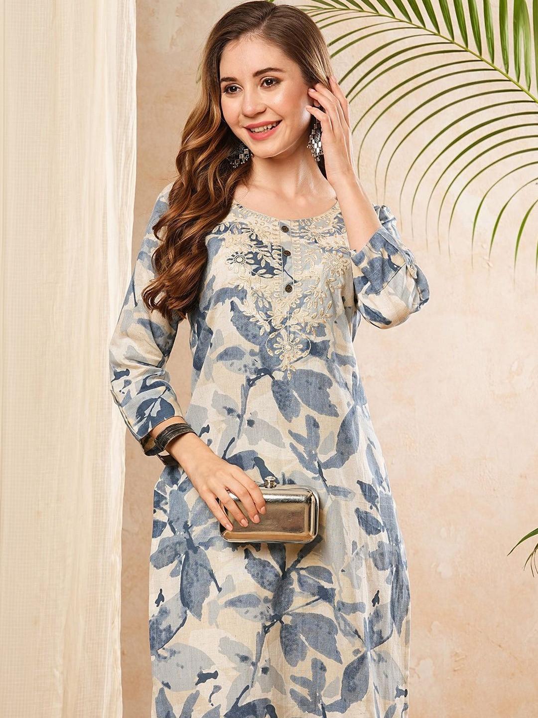 PHYSIL Floral Printed Round Neck Thread Work Straight Cotton Kurta
