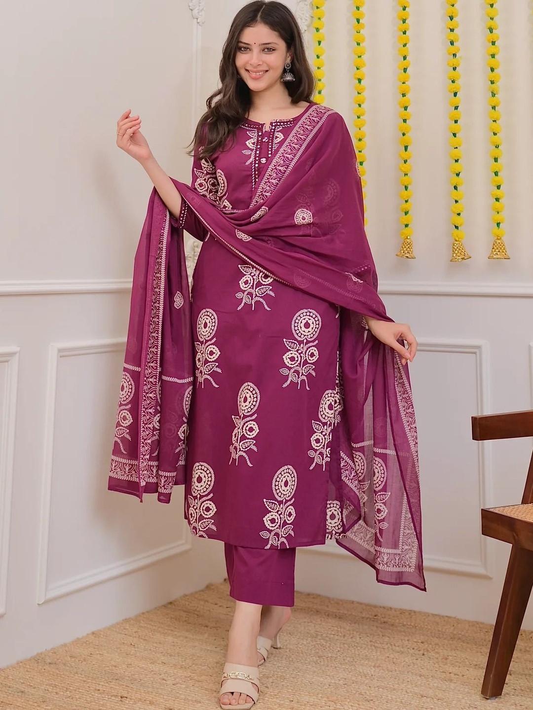 Sangria Women Ethnic Motifs Printed Regular Pure Cotton Kurta with Trousers & With Dupatta