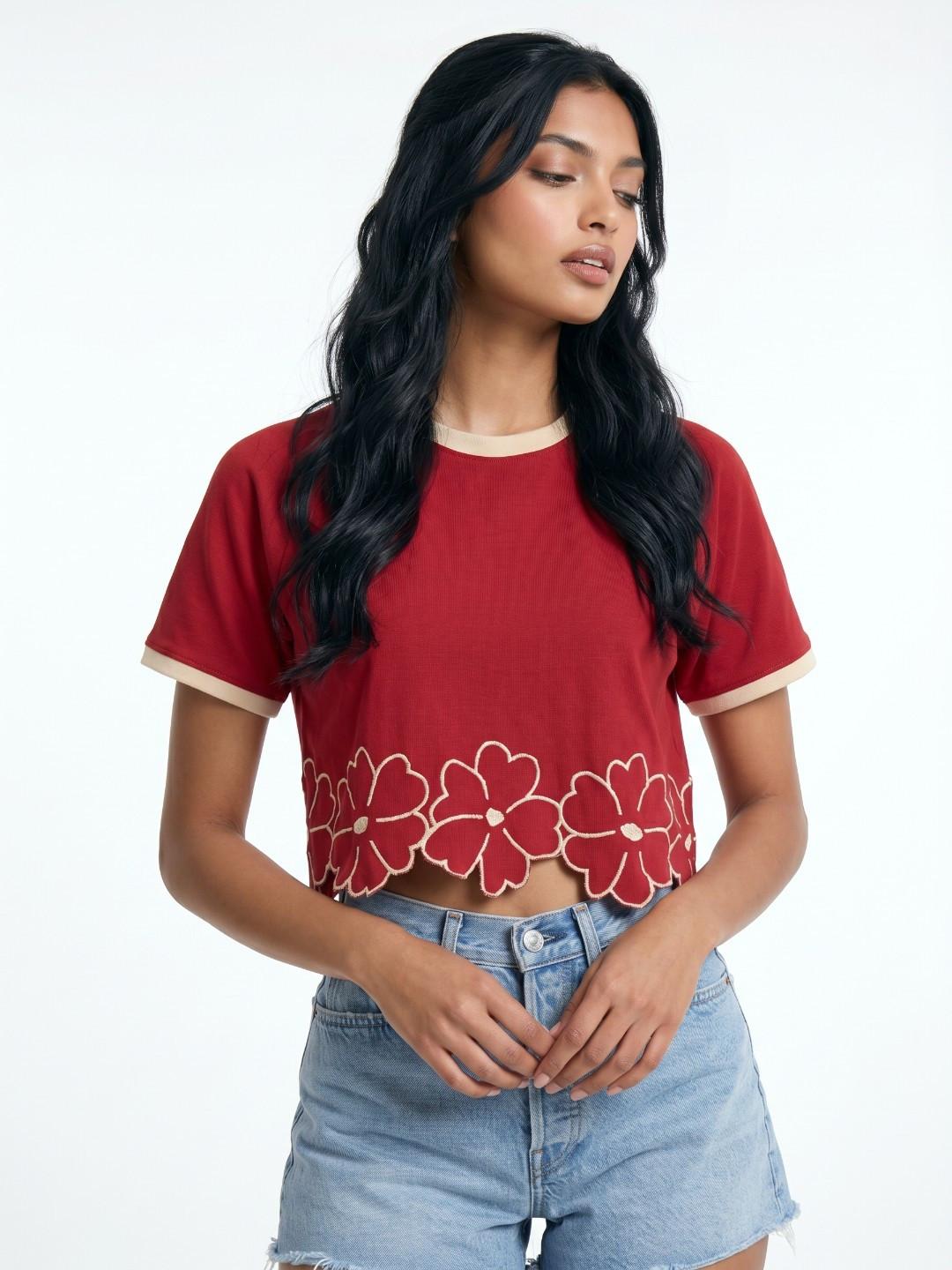 glitchez Floral Embroidered Boxy Fit Top