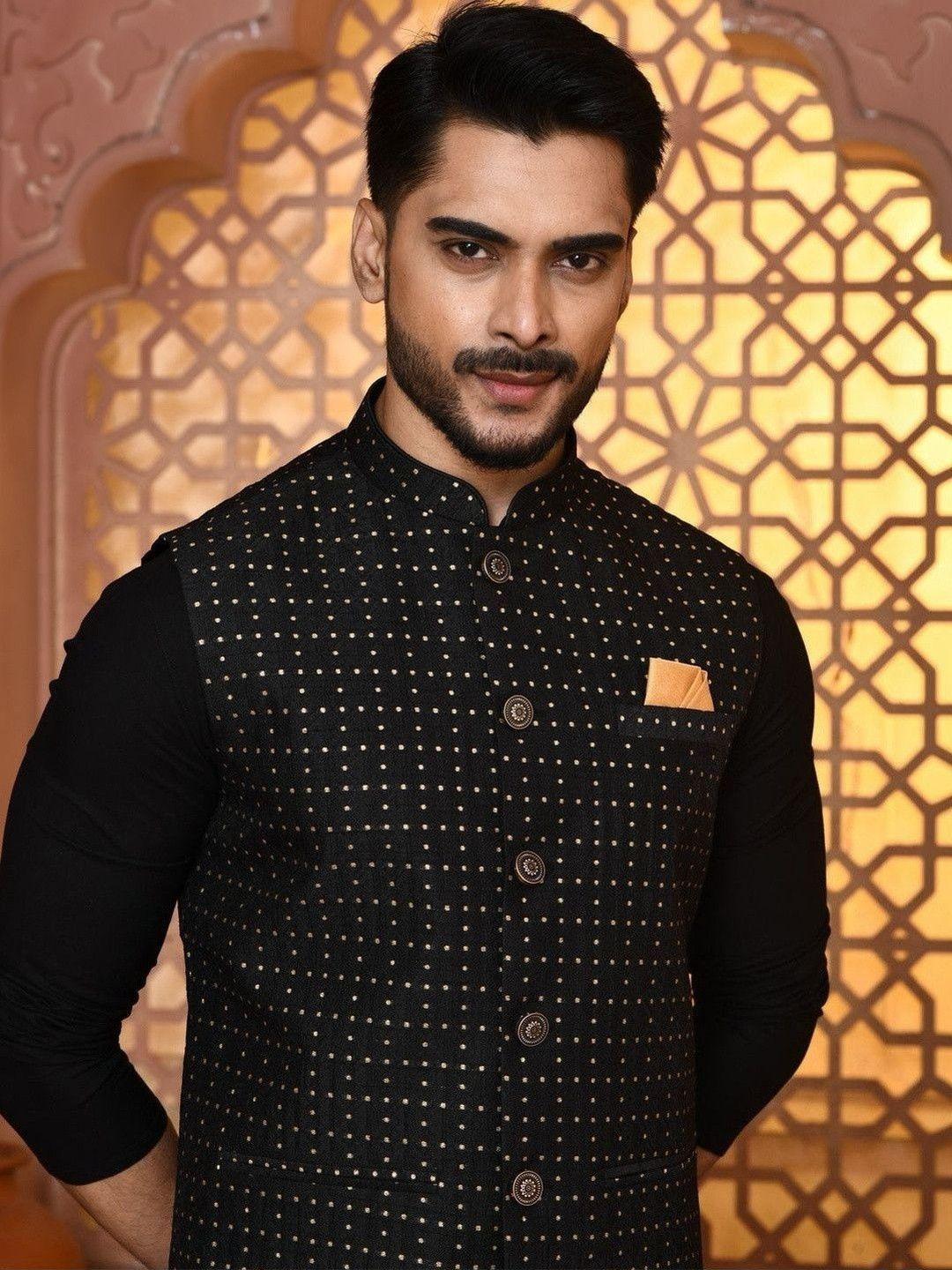 WANAS Men Motif Design Black & Gold Jacquard Nehru Jacket