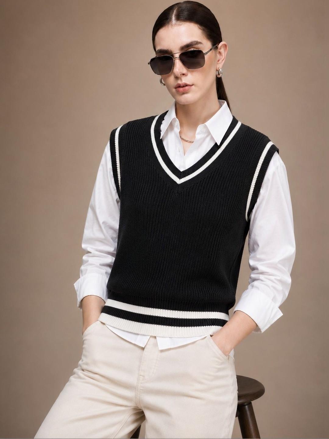 Roadster Women Striped Ribbed Woollen Sweater Vest