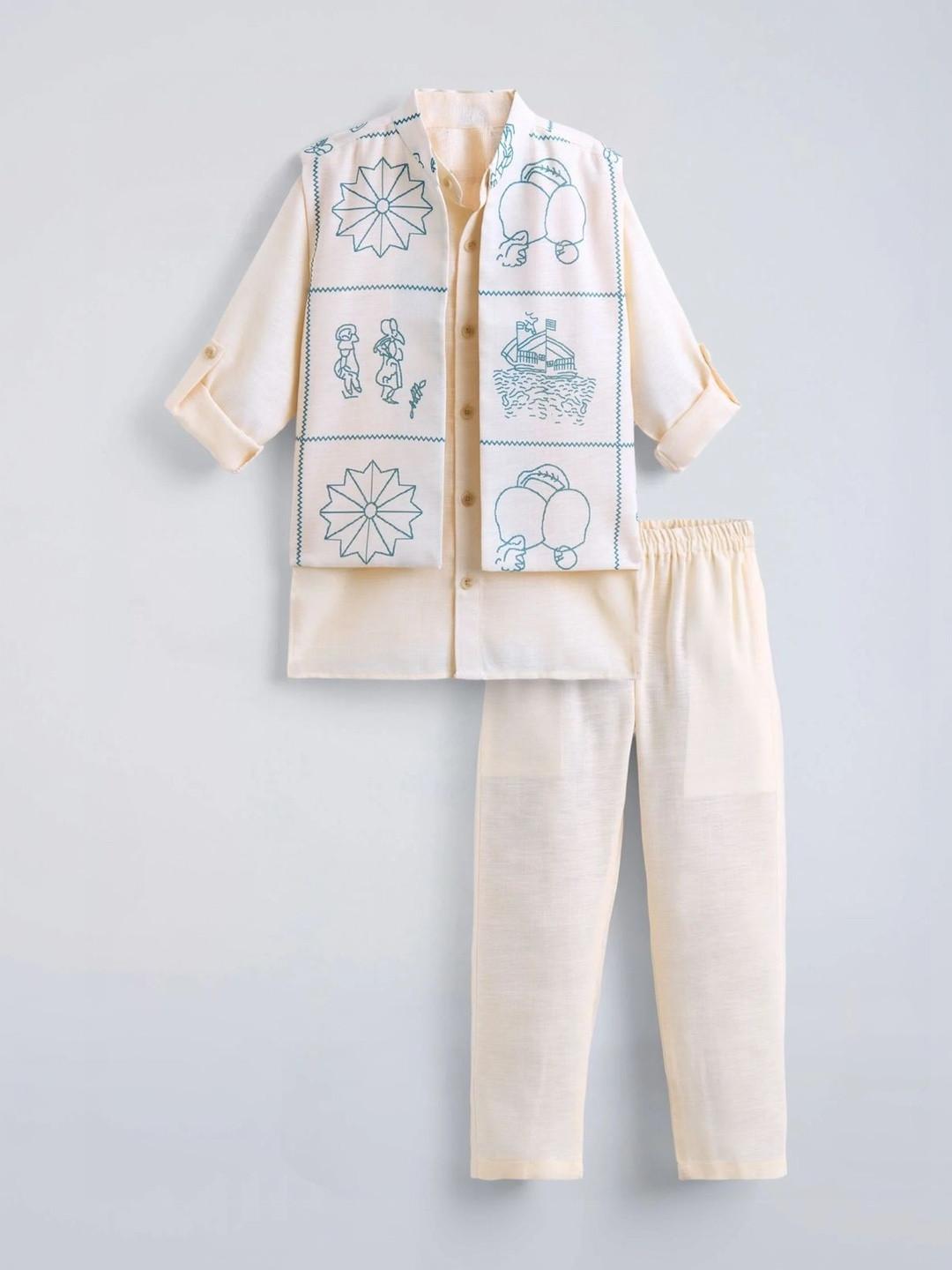 Hopscotch Mandarin Collar Kurta Pajama with Jacket Set