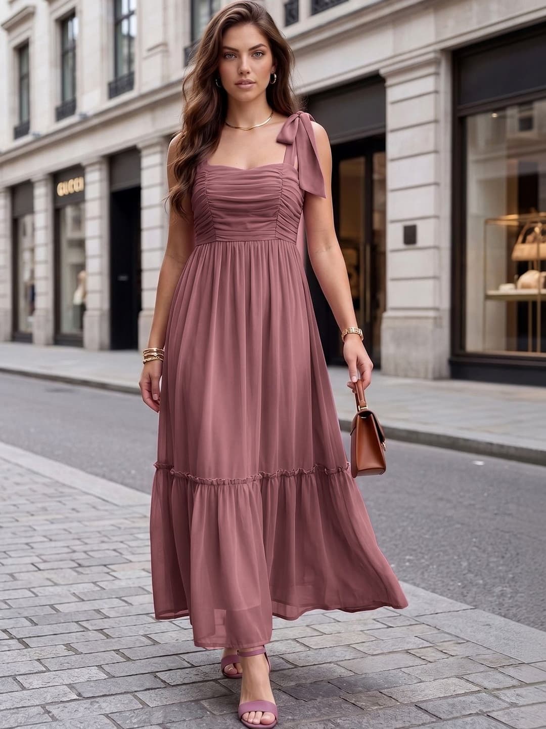 aayu Women Solid Shoulder Straps Chiffon Pleated Maxi Dress
