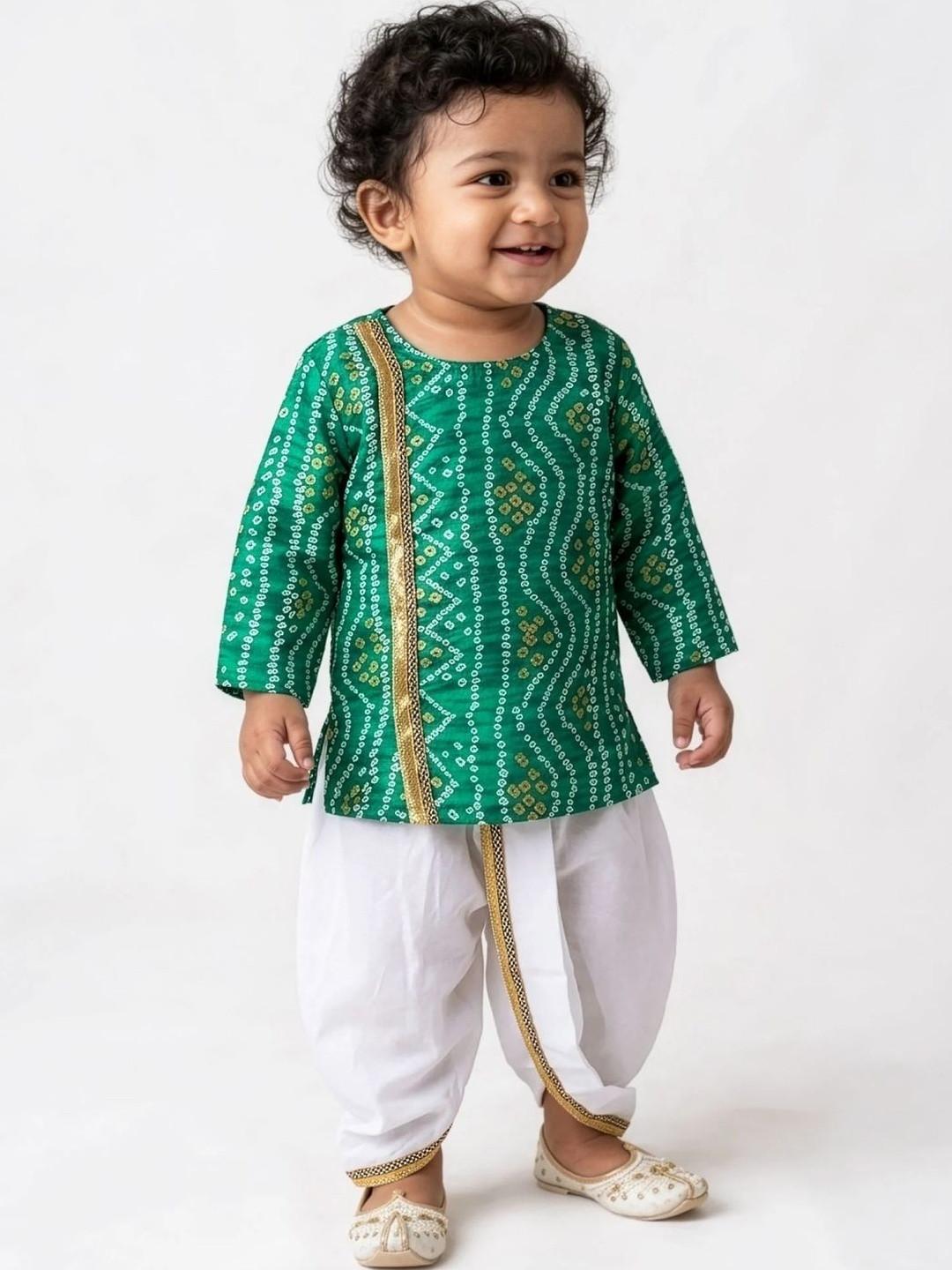 Hopscotch Boys Green Bandhani Embellished Kurta Dhoti Set