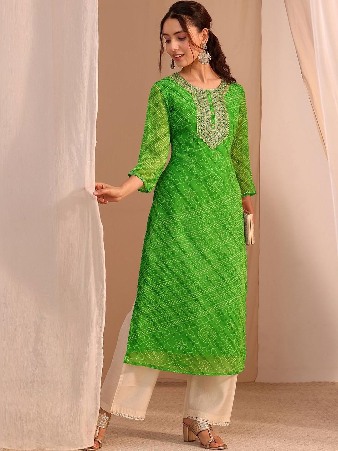 Libas Green Bandhani Printed Chiffon Straight Kurta
