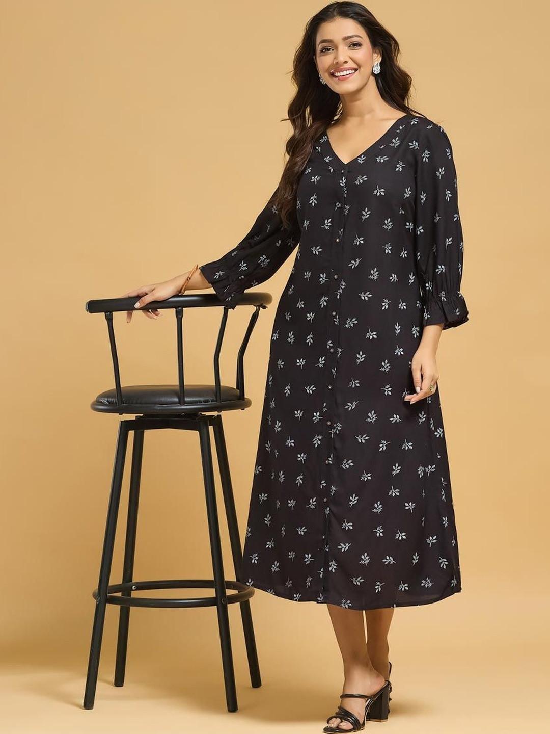 Fabindia Floral Print Puff Sleeve A-Line Midi Dress