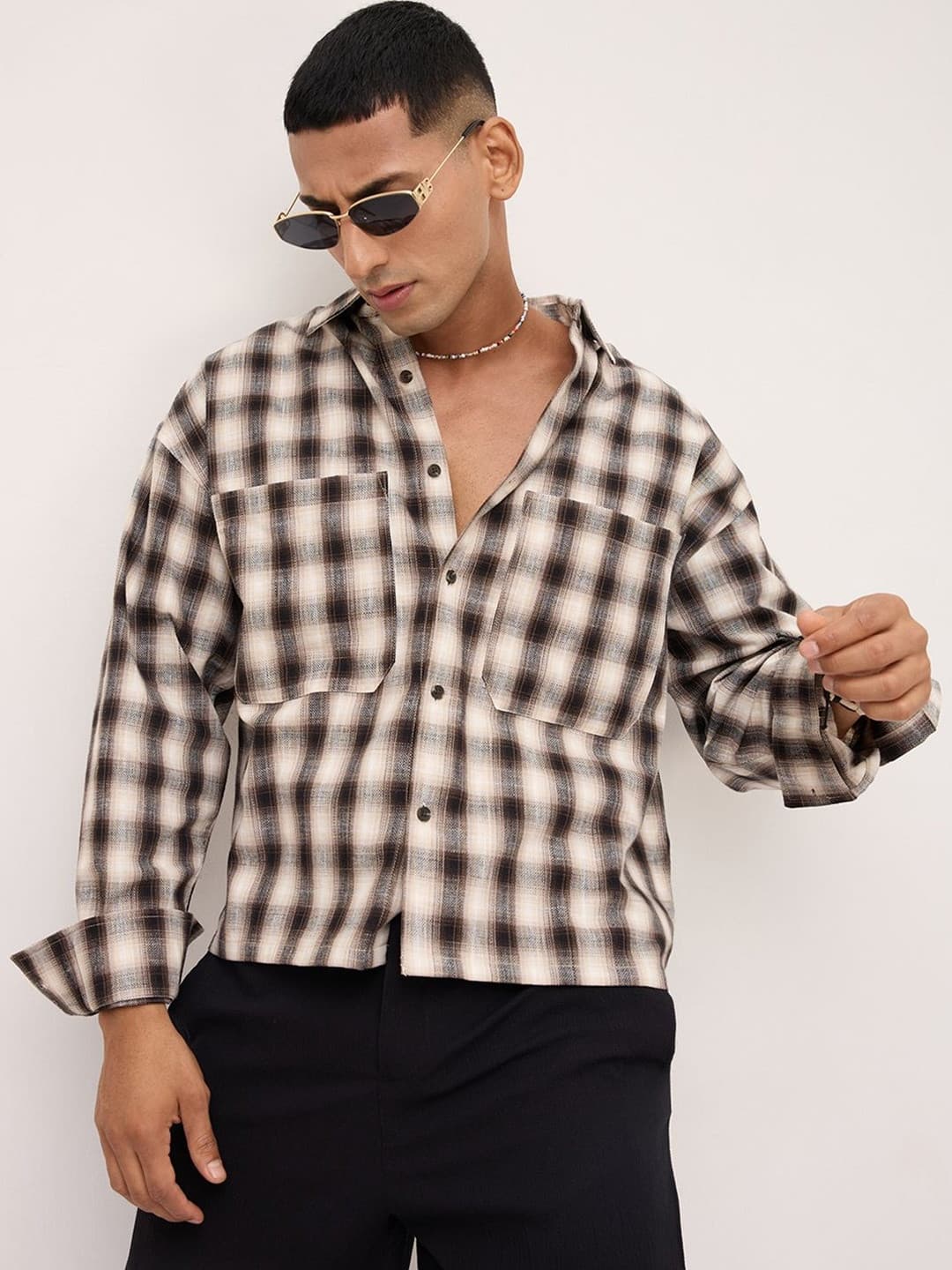VASTRADO Beige & Black Tartan checks Double pocket Boxy Fit Crop Shirt