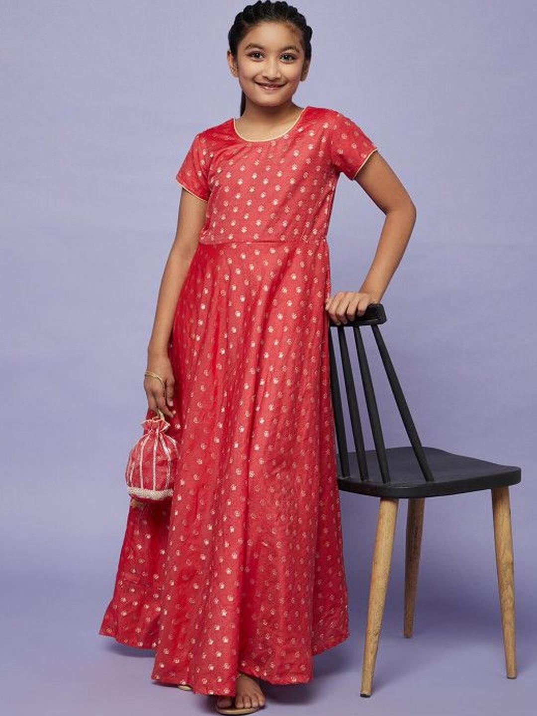 KALINI Girls Printed Maxi Dress With Potli Bag