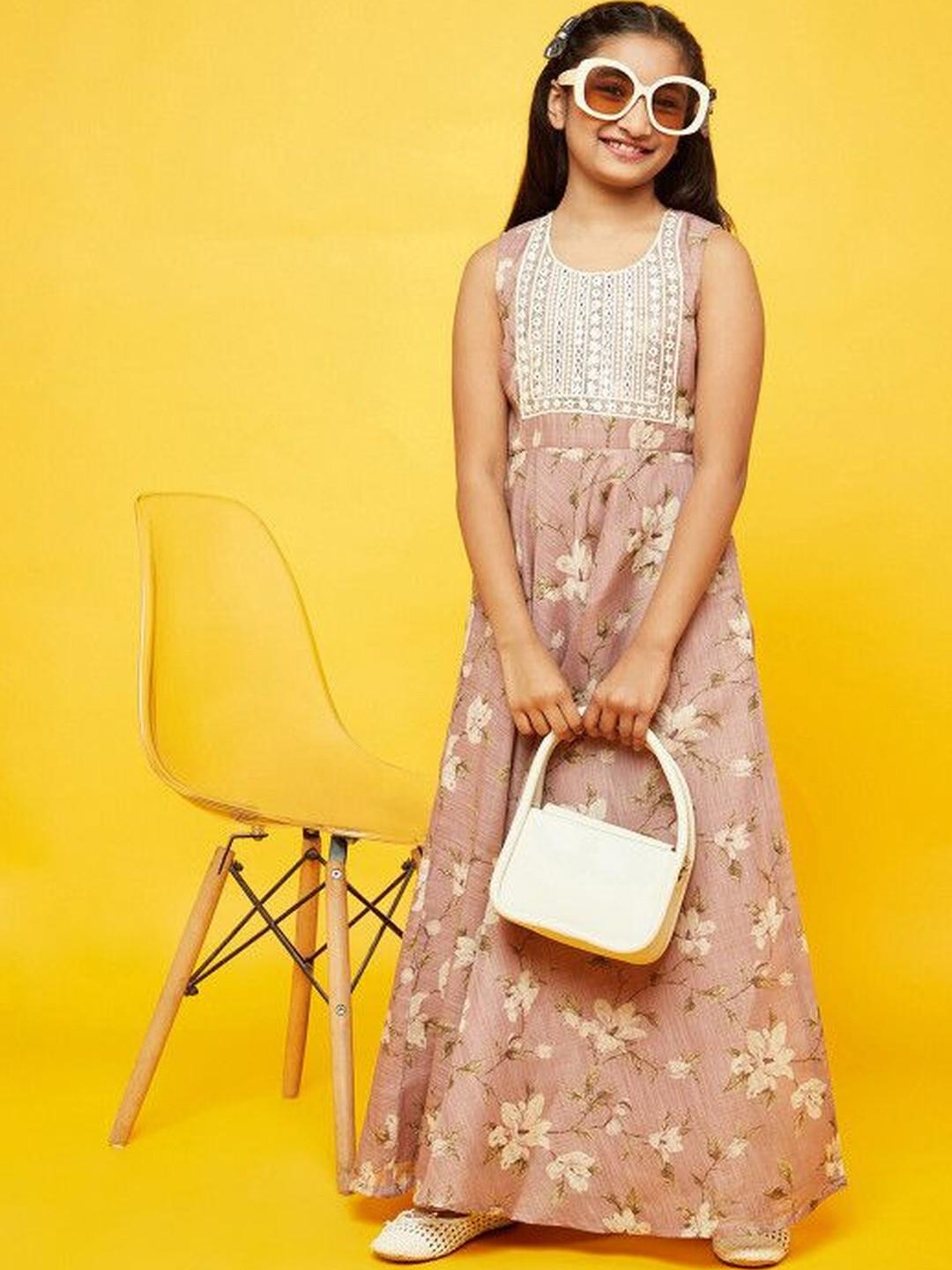 KALINI Girls Floral Print Dress With Embroidered Yoke