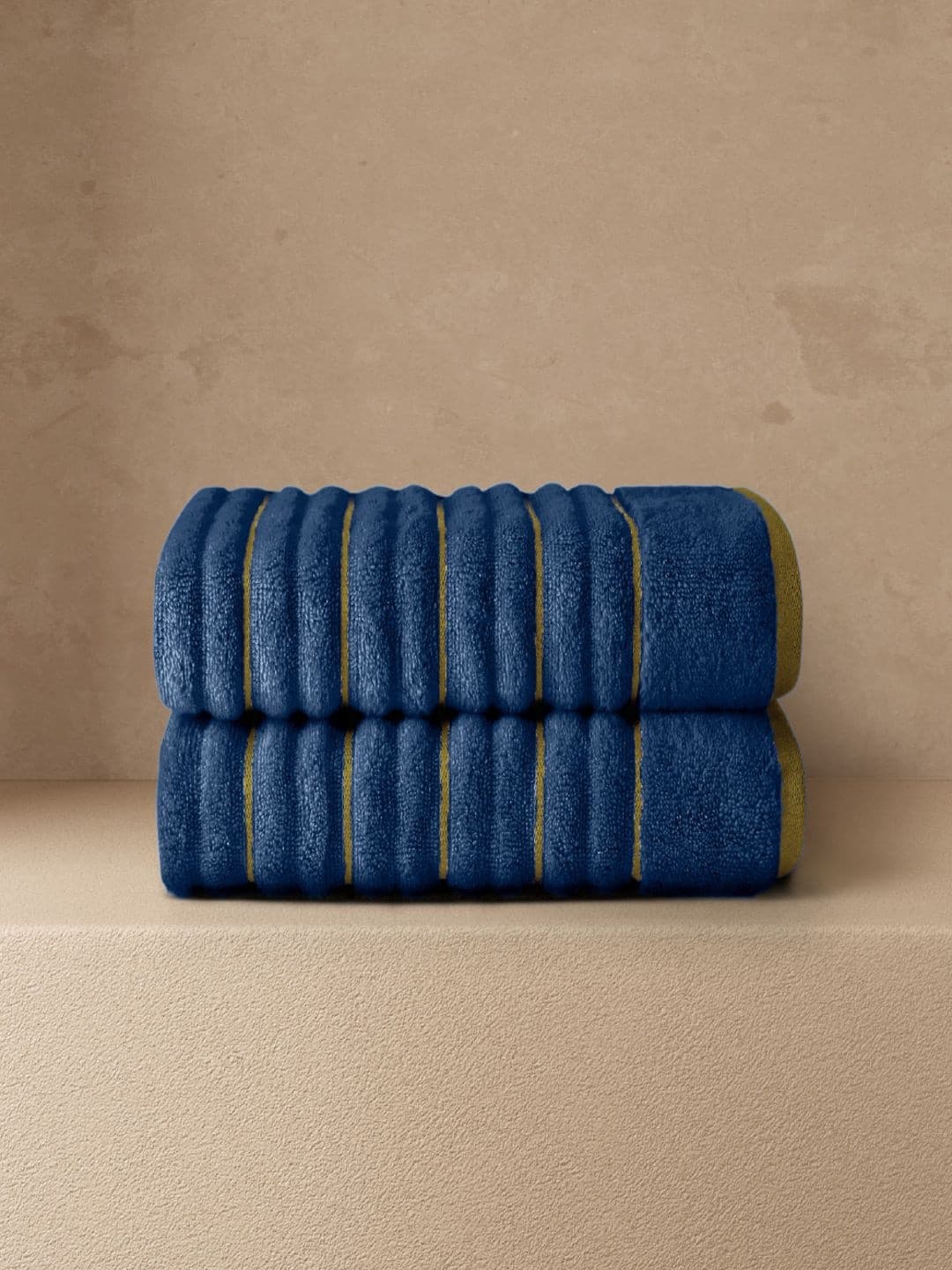 SPACES Set Of 2 Blue Striped Pure Cotton GSM 575 Hand Towels