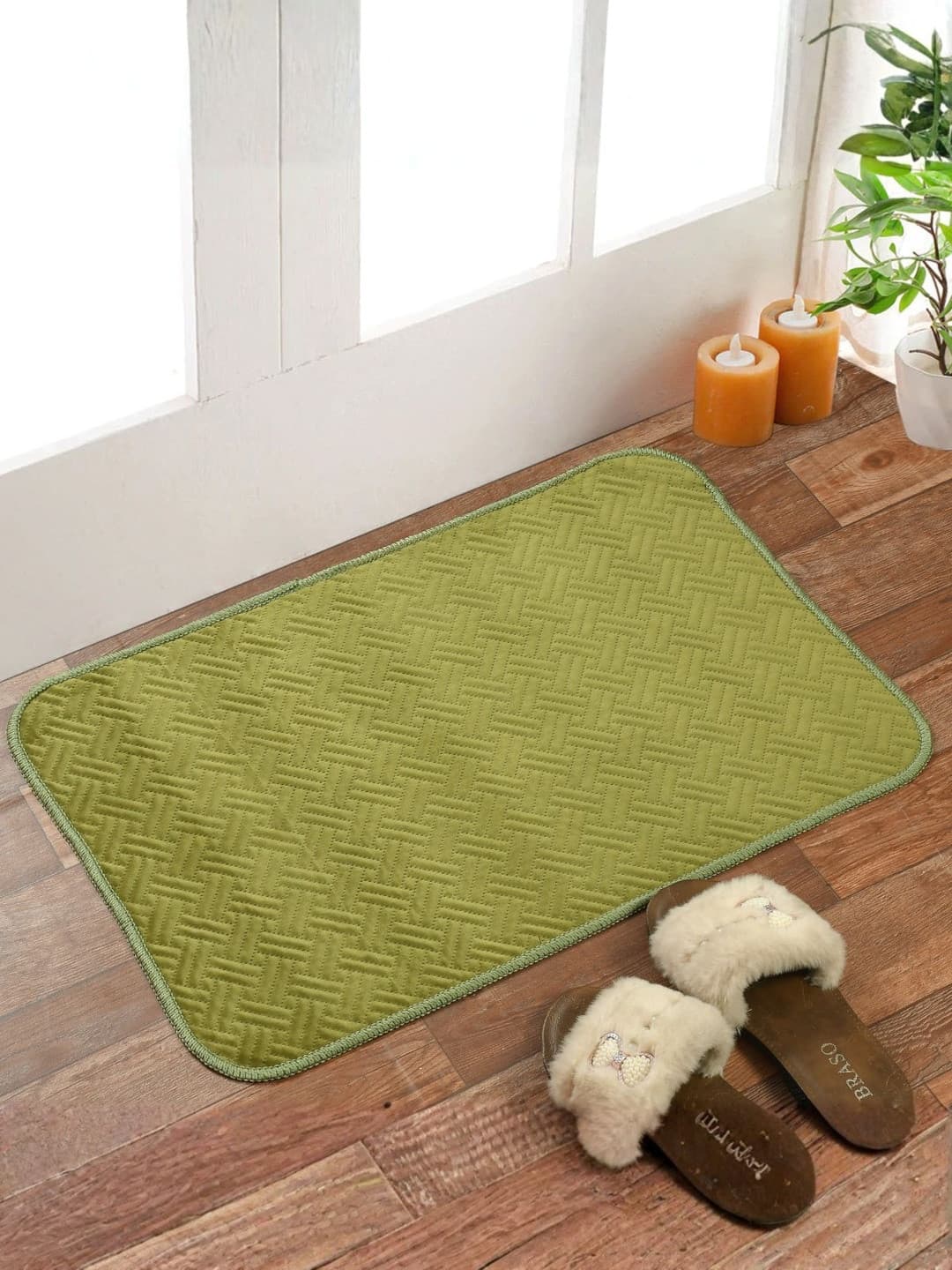 Florida Olive-Green Self Designed Anti Skid Indoor Doormats