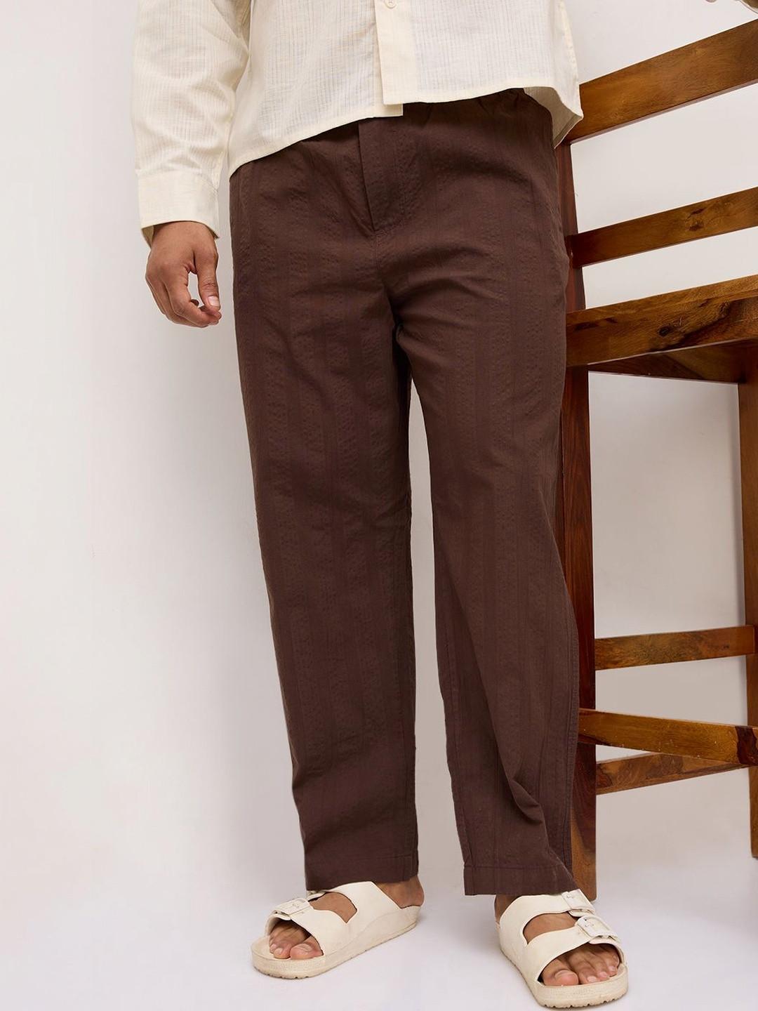 VASTRADO Coffee Brown Seersucker Striped Tapered Trousers