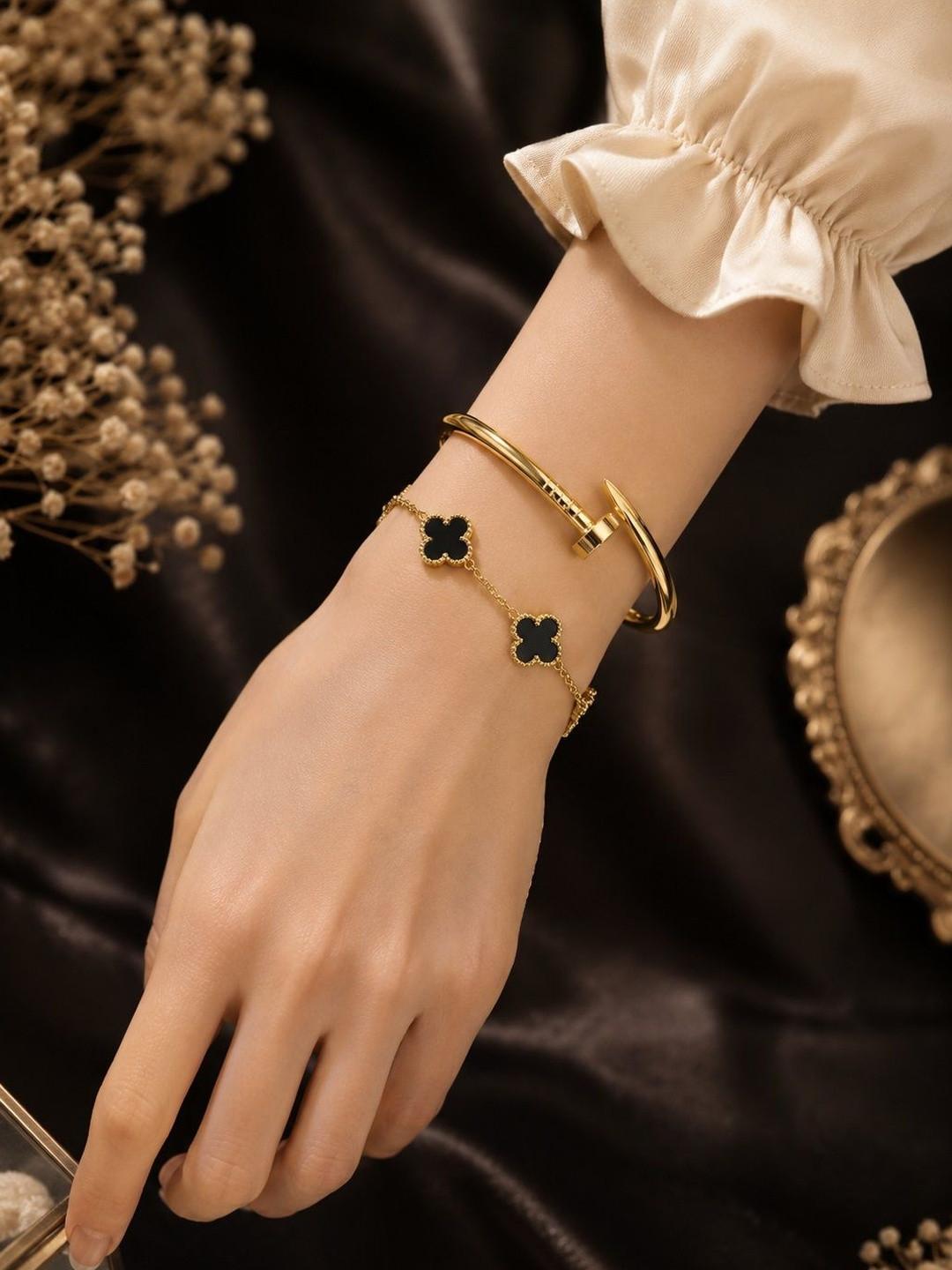 SZN Set Of 2 Stainless Steel Gold-Plated Artificial Stones Studded Wraparound Bracelets