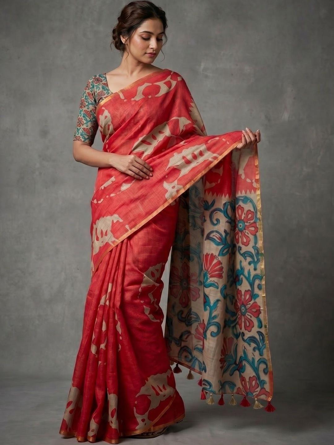 Women's Peach Abstract Printed Linen Saree with Unstitched Floral Blouse Piece